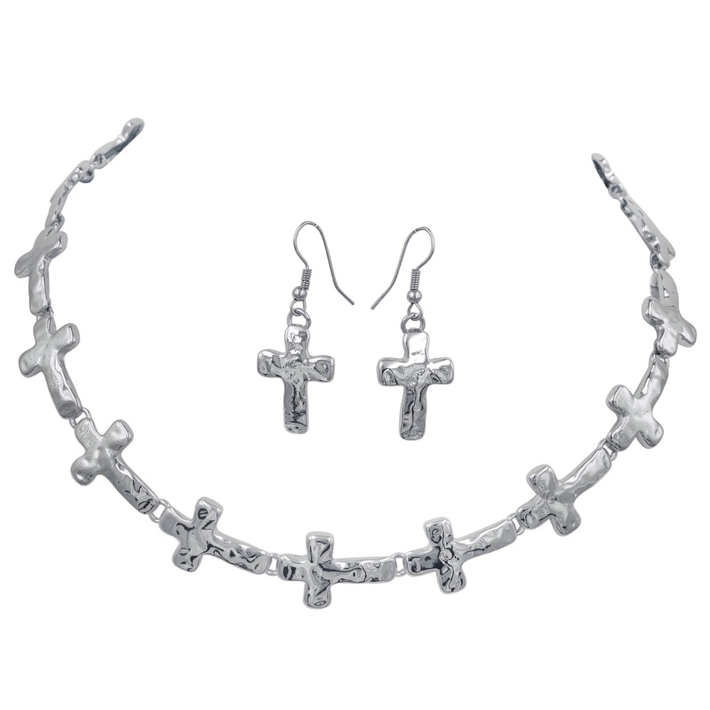 Sideways Cross Silver Necklace & Earrings Set